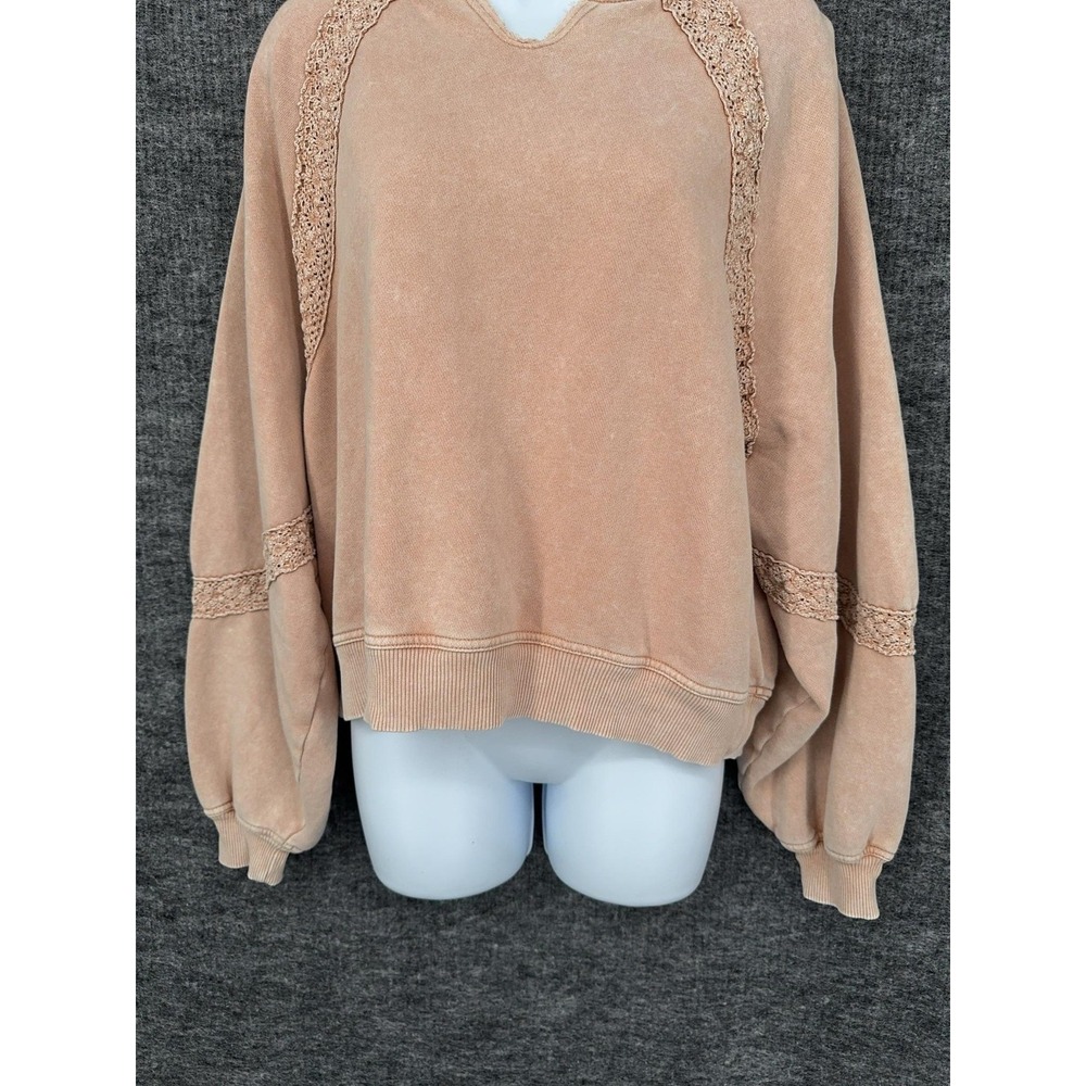 Aerie Sweatshirt Womens XS Pink Crewneck Fleece Pullover Crochet Lace Raglan - Picture 4 of 9